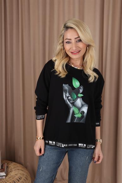 Siyah Lastik Detay Sweatshirt