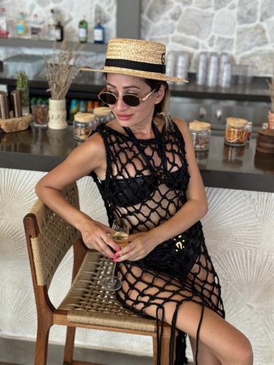 Siyah Makrome Örgü Plaj Elbisesi