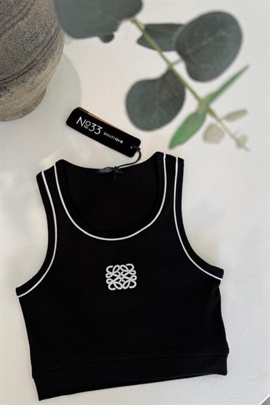 Siyah Nakışlı Biyeli Crop