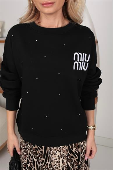 Siyah Nakışlı Taş Baskılı Sweatshirt