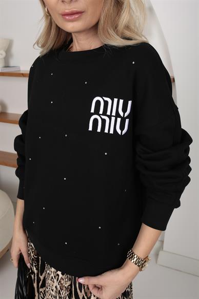 Siyah Nakışlı Taş Baskılı Sweatshirt