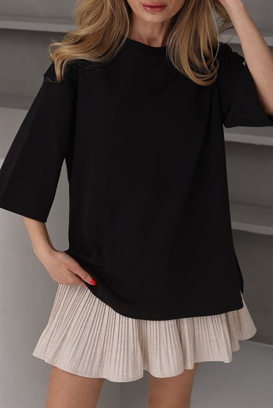 Siyah Oversize Yanı Yırtmaçlı Basic Tshirt