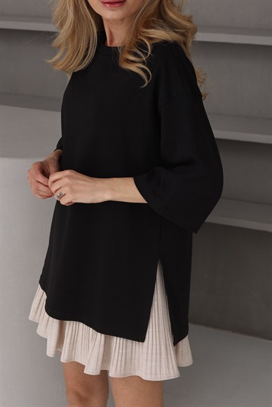 Siyah Oversize Yanı Yırtmaçlı Basic Tshirt