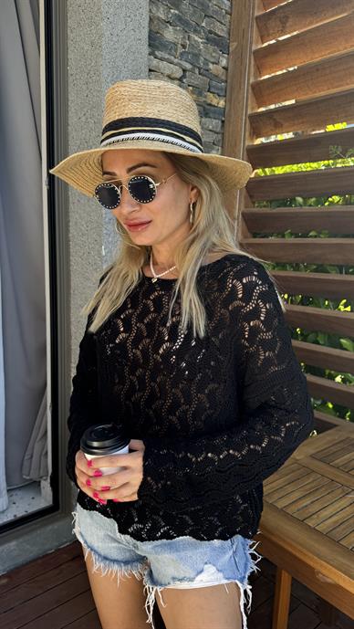 Siyah Oya Desenli Triko Kazak