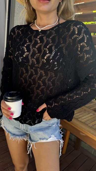 Siyah Oya Desenli Triko Kazak