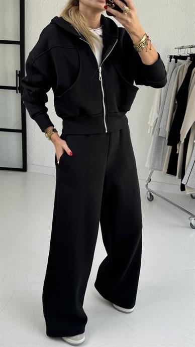 Siyah Robalı Kapişonlu Eşofman Takımı