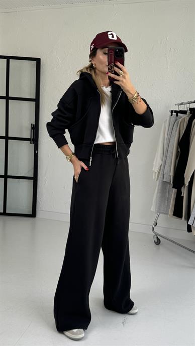 Siyah Robalı Kapişonlu Eşofman Takımı