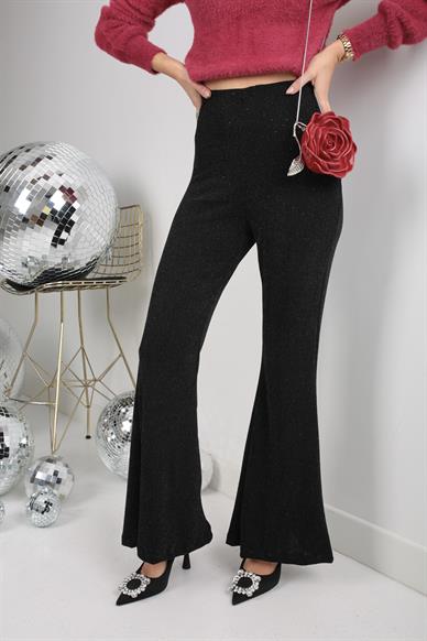 Siyah Simli İspanyol Paça Pantolon