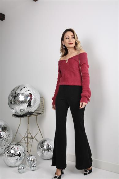 Siyah Simli İspanyol Paça Pantolon