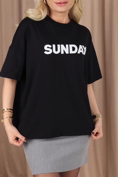Siyah Sunday Baskılı Basic Tshirt