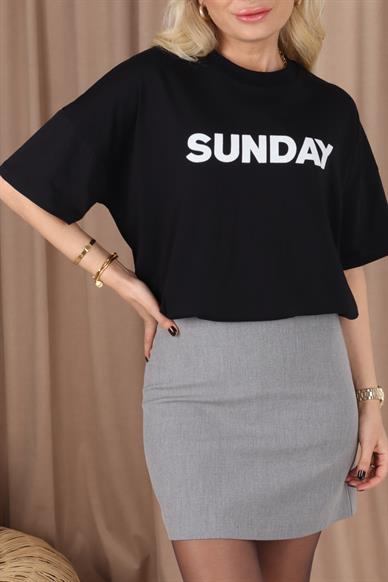 Siyah Sunday Baskılı Basic Tshirt