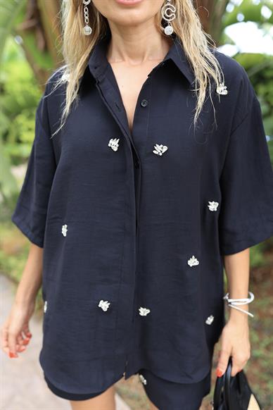 Siyah Taş İşli Şortlu Tensel Takım