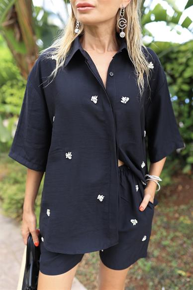 Siyah Taş İşli Şortlu Tensel Takım