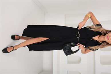 Siyah Tensel Kumaş Gold Kemerli Elbise