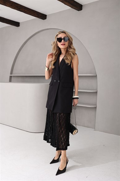 Siyah Tül Etekli Yelek Takım