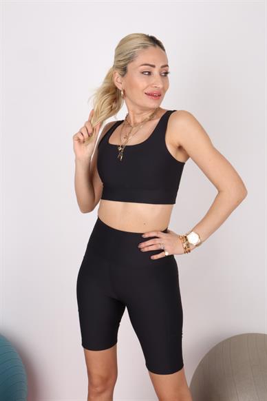 Square Neck Siyah Spor Bra