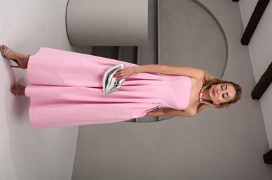 Staplez Sırtı Lastikli Pembe Elbise