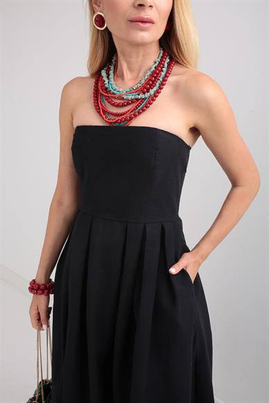 Staplez Sırtı Lastikli Siyah Elbise