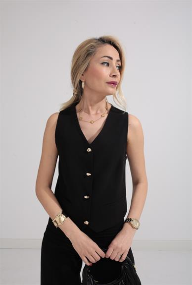 Süs Cepli Gold Düğmeli Yelekli Takım