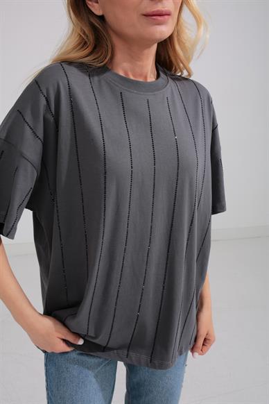 Taş Baskılı Füme Oversize Tshirt