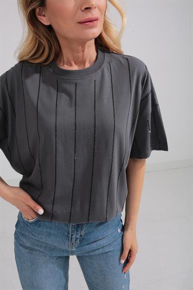 Taş Baskılı Füme Oversize Tshirt