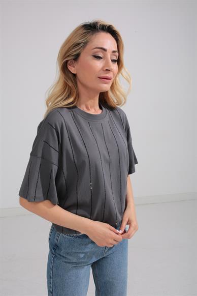 Taş Baskılı Füme Oversize Tshirt