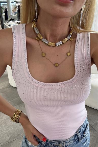 Taş Baskılı Havuz Yaka Pembe Fitilli Atlet