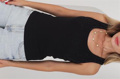 Taş Baskılı Havuz Yaka Siyah Fitilli Atlet