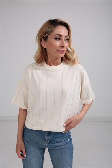 Taş Baskılı Krem Oversize Tshirt