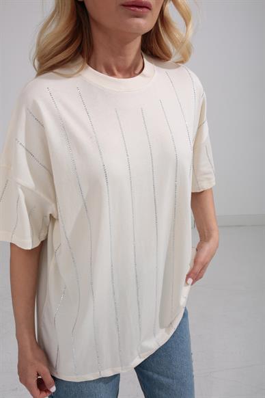 Taş Baskılı Krem Oversize Tshirt