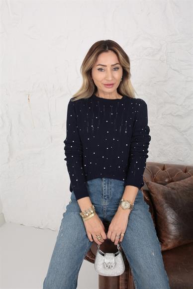 Taş Baskılı Lacivert Transparan Kazak