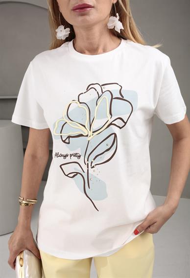 Taş Baskılı Nakışlı Basic Tshirt