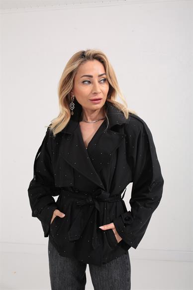 Taş Baskılı Siyah Kısa Trençkot