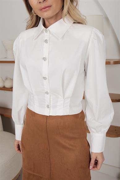 Taş Düğmeli Vatkalı Beyaz Crop Gömlek