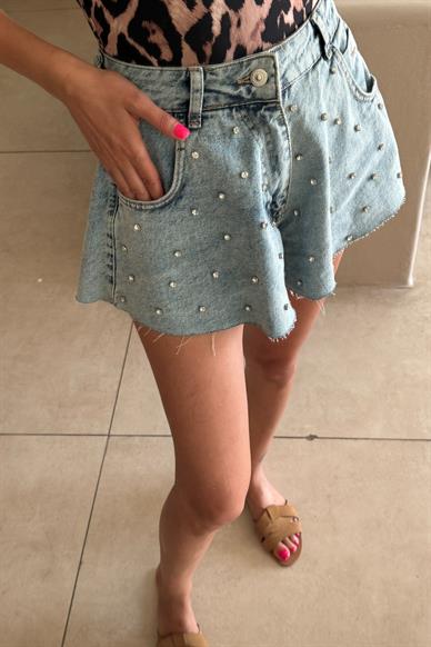 Taş İşli Buz Mavi Denim Şort