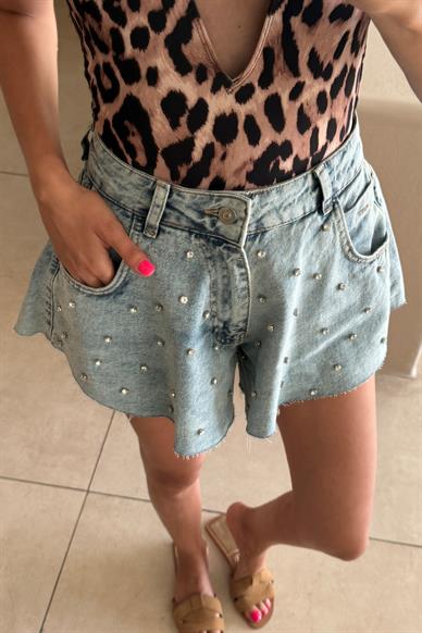 Taş İşli Buz Mavi Denim Şort