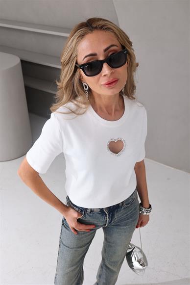 Taş işli Kalp Detay Ekru Tshirt