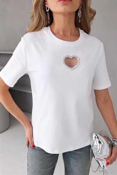 Taş işli Kalp Detay Ekru Tshirt