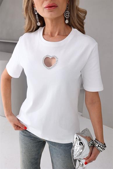 Taş işli Kalp Detay Ekru Tshirt