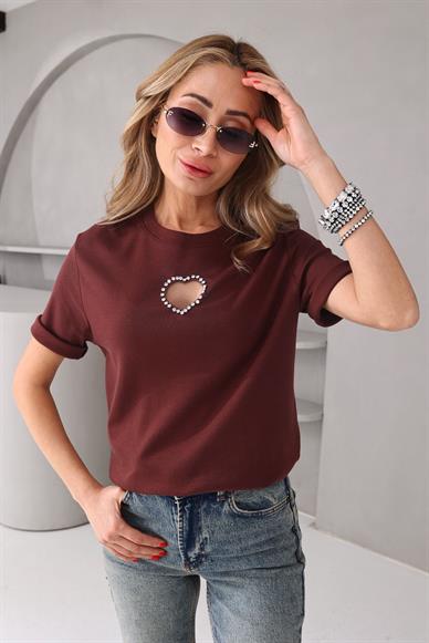 Taş işli Kalp Detay Kahve Tshirt