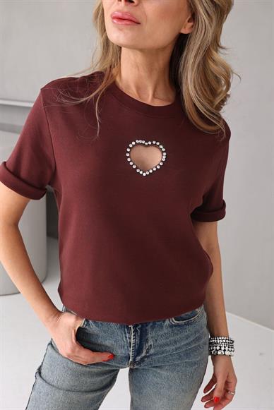 Taş işli Kalp Detay Kahve Tshirt