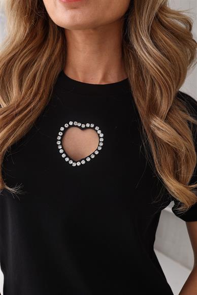 Taş işli Kalp Detay Siyah Tshirt