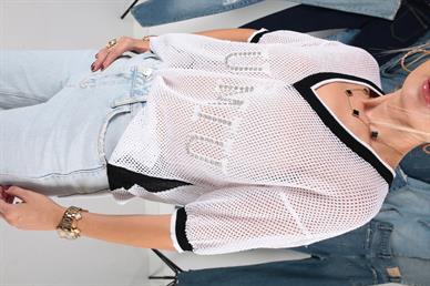 Taş İşli V Yaka Beyaz File Kazak