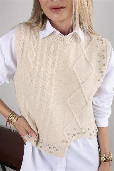 Taş İşli Yürütmeli Bej Süveter