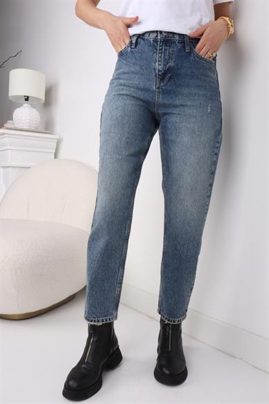 Taşlanmış Düz Kesim Likrasız Mom Jean