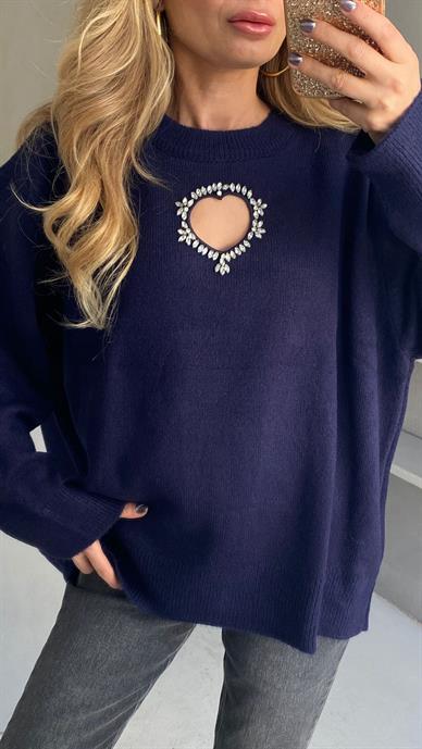 Taşlı Kalp Nakışlı Lacivert Kazak