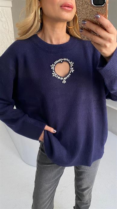 Taşlı Kalp Nakışlı Lacivert Kazak