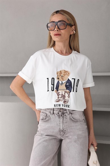 Teddy Nakışlı Ekru Tshirt