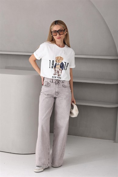 Teddy Nakışlı Ekru Tshirt