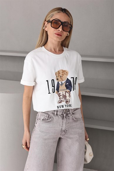 Teddy Nakışlı Ekru Tshirt